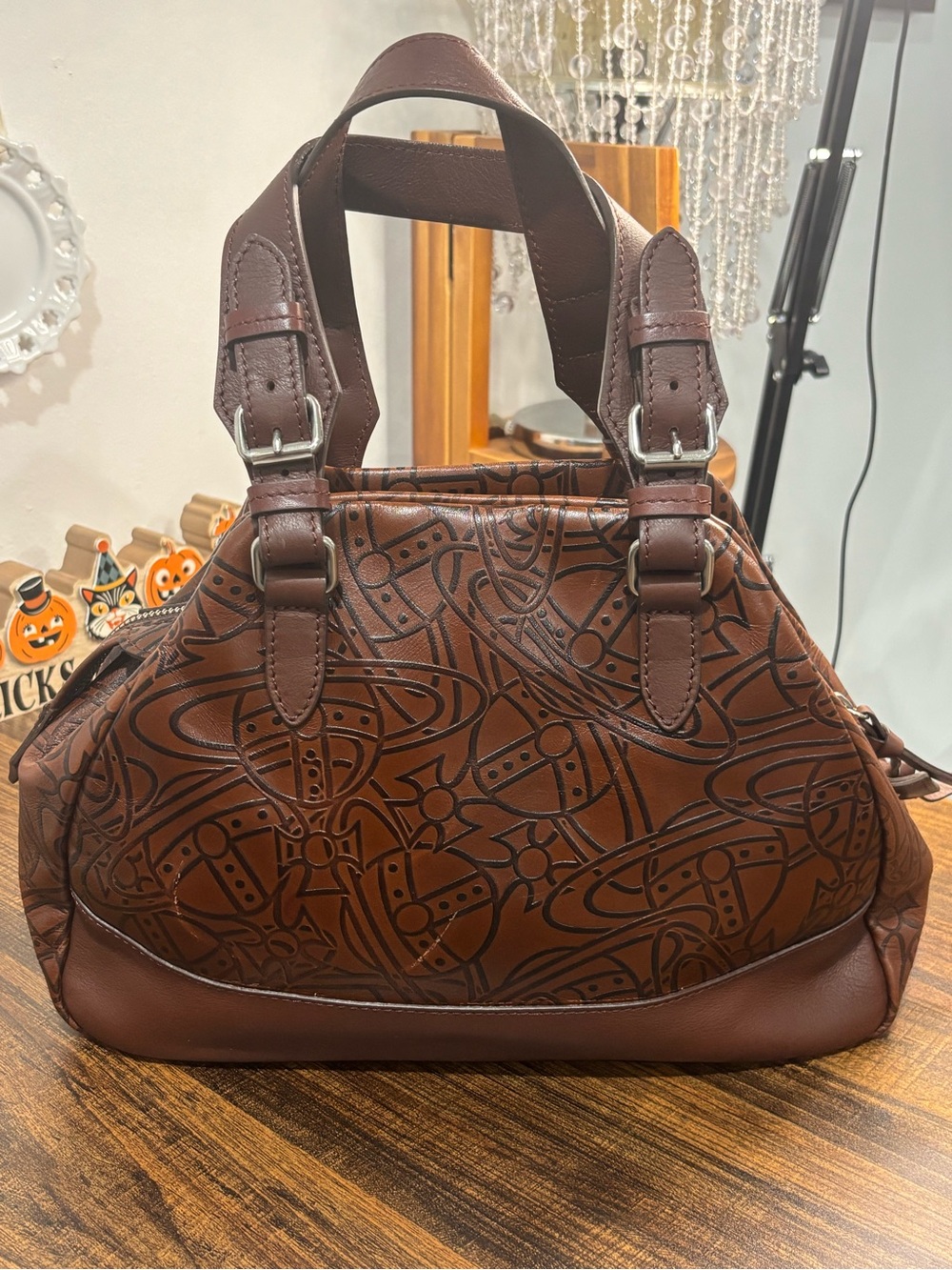 RARE Vivienne Westwood Brown ORB embossed leather Satchel hand shoulder bag